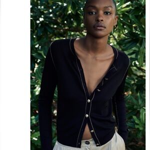 Zara Contrasting Piping Plain Knit Cardigan, Black, Small